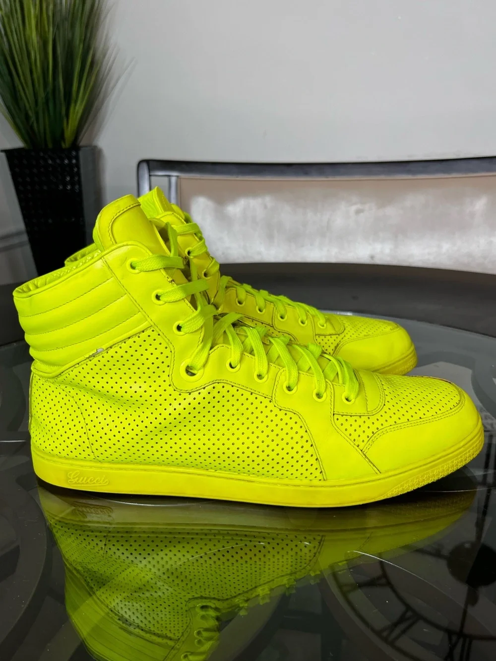 Gucci Coda Giallo Fluo Neon Yellow High-Top Sneakers Sz 14.5